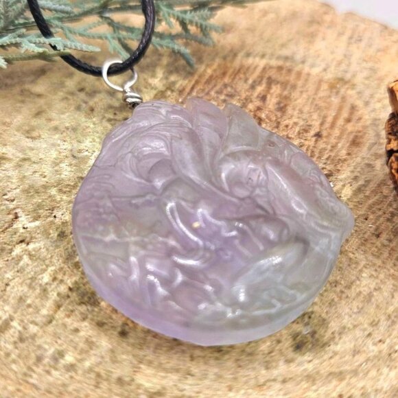 Nature Purple Fluorite Hand Carved Nine Tails Fox Pendant Necklace - Picture 3 of 10